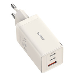 Seinälaturi Baseus GaN5 2x USB-C + USB, 65W + kaapeli 1m (valkoinen)