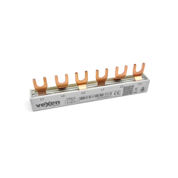 MCB šyna 10 mm2, 3 fazės, šakės tipas, 106 mm, 6 moduliai