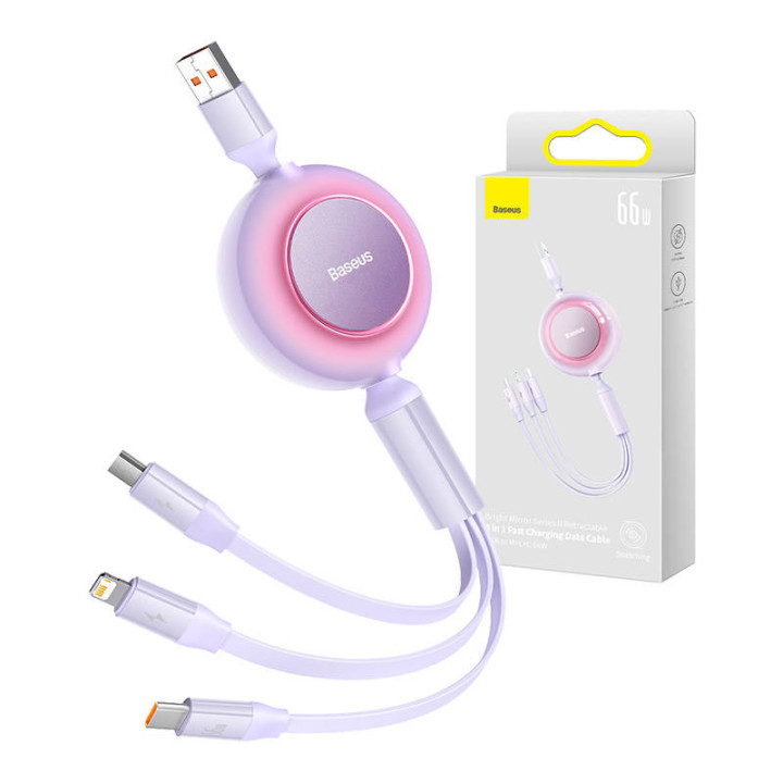 Baseus Bright Mirror 3 3-in-1 USB Cable, Micro USB / Lightning / USB-C, 66W / 2A, 1.1m (Purple)