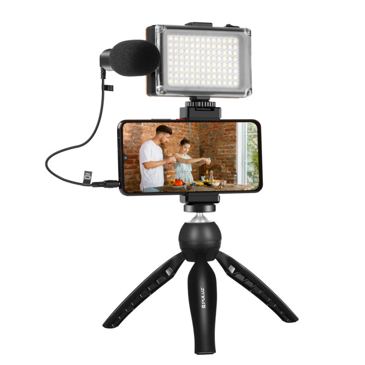 Puluz PKT3132B Live Recording Set – Tripod with LED Light, Microphone & Phone Clip