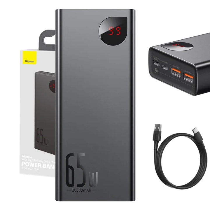Baseus Adaman Metal 20000mAh Power Bank PD QC 3.0 65W 2xUSB + USB-C + micro USB (Black) PPIMDA-D01