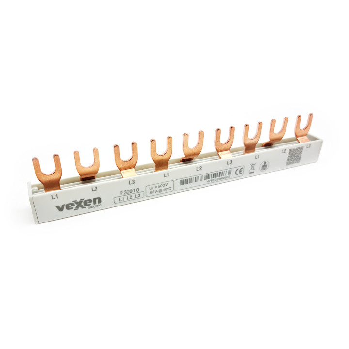 MCB šyna 10 mm2, 3 fazės, šakės tipas, 160 mm, 9 moduliai