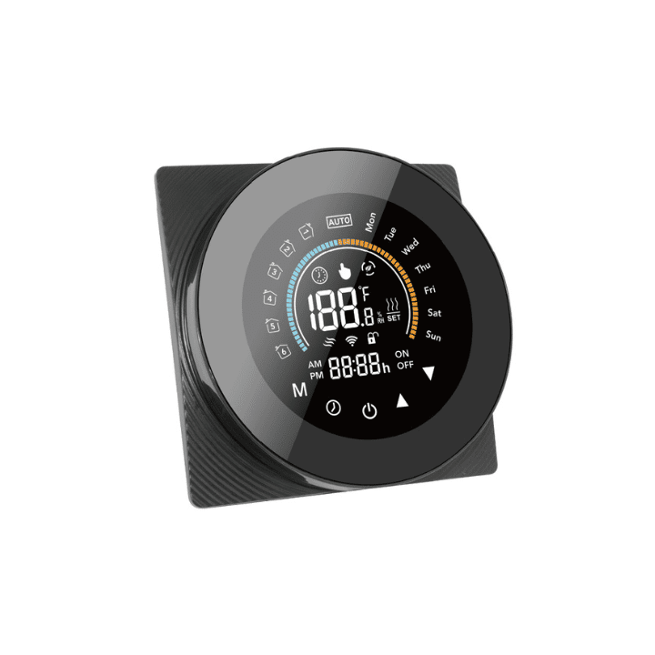 SmartWise WiFi smart thermostat, eWeLink app compatible, Type 'A' (5A), black front panel, colour touch display