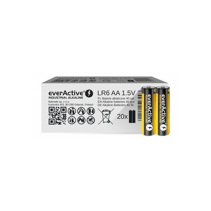 everActive Industrial Alkaline AA / LR6 / MN1500 1,5V 2700mAh baterijos, 40 vnt.