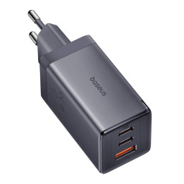 Sienas lādētājs Baseus GaN5 2x USB-C + USB, 65W + kabelis 1m (pelēks)