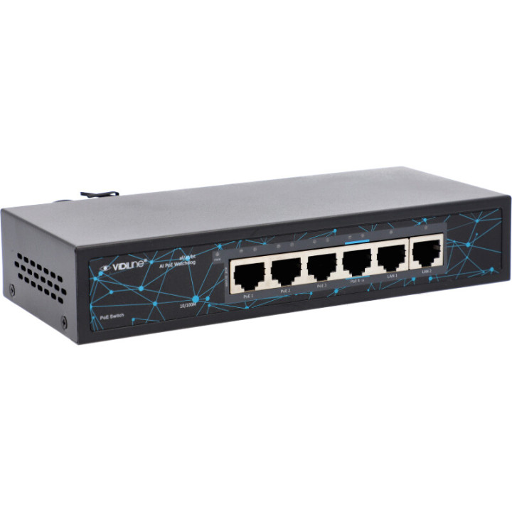 VidiLine VIDI-F0420FB PoE jungiklis 4x PoE 100Mbps 2x Uplink 65W PoE biudžetas