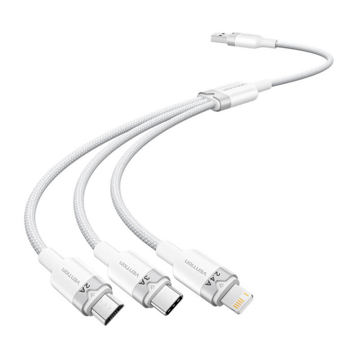USB 2.0 A līdz 3in1 3A kabelis Vention CTPWG 1.5M (balts)