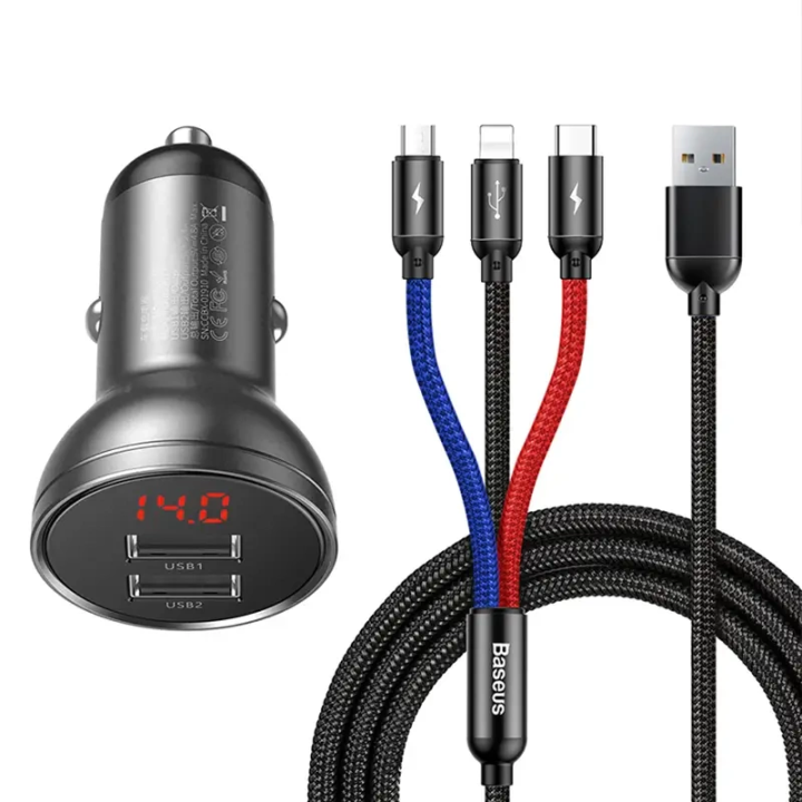Baseus auto lādētājs ar displeju 24W + USB kabelis 3in1 Baseus trīs primārās krāsas 1,2m