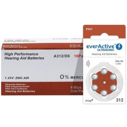 60x everActive Ultrasonic 312 PR41 1.45V Zinc Air Hearing Aid batteries 60pcs