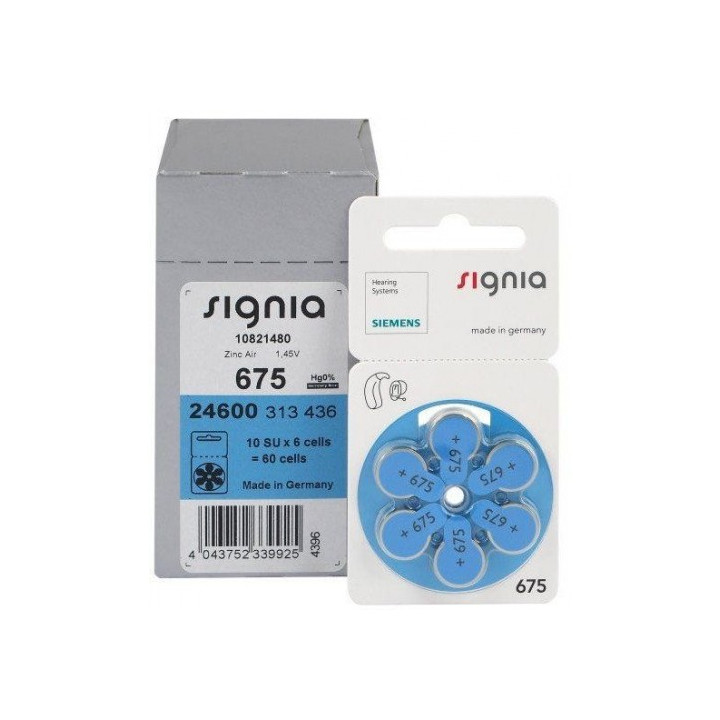 10x setti: Siemens Signia 675 / PR44 1.45V 650mAh 0%Hg kuulolaitteen (sinkki-ilma) paristot. Valmistettu Saksassa