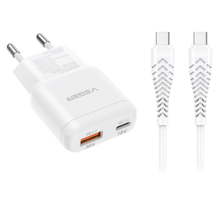 VEGER VG-TR120-Kit-30W1A1C 30W настенное зарядное устройство USB-C и USB-A с быстрой зарядкой
