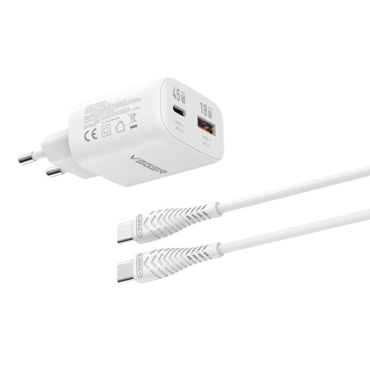 VEGER VG-TR101-45W1A1C 45W USB-C и USB-A настенное зарядное устройство с быстрой зарядкой PD