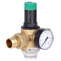 Resideo Braukmann Pressure Regulator, with union connections, 1 inch, with pressure gauge 0–10 bar