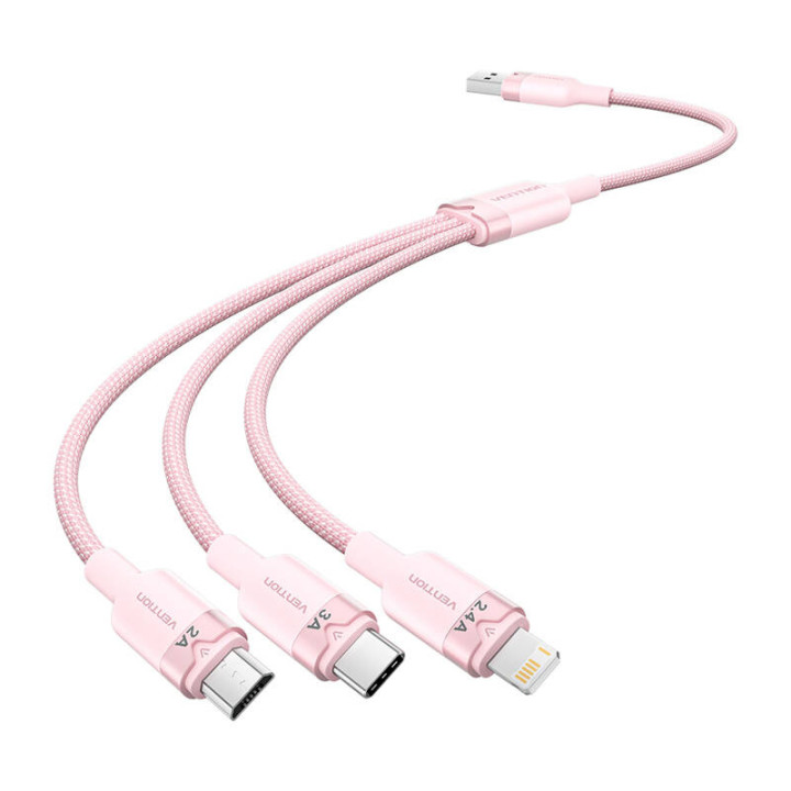 USB 2.0 A līdz 3in1 3A kabelis Vention CTPPG 1.5M (rozā)
