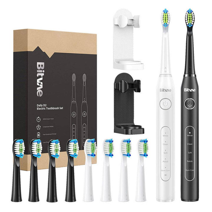 Bitvae D2 Sonic Toothbrush Set White + Black (BV-D2) with 8 Tips and 2 Holders