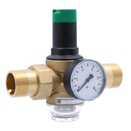 Resideo Braukmann Pressure Regulator, with union connections, 1 1/4 inch, with pressure gauge 0–10 bar