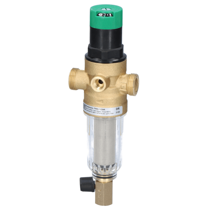 Resideo Braukmann mini-plus filtras su slėgio reguliatoriumi FK06, 1/2 colio, su skalavimu