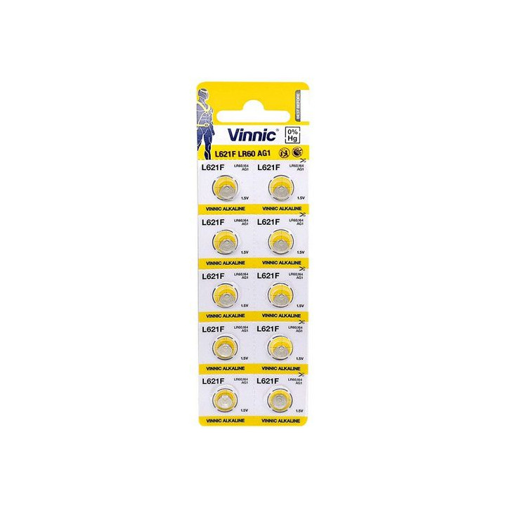 Vinnic L621F AG1 LR60 LR620 1.5V 14mAh Alkaline Batteries 10 pcs