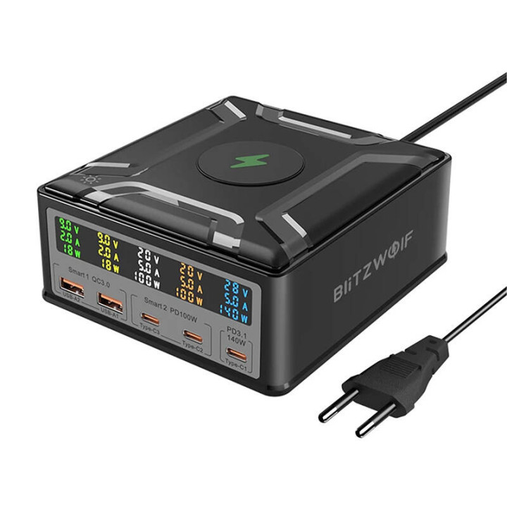 Blitzwolf BW-S28 260W, 2xUSB-A, 3xUSB-C, 15W langaton laturi (musta)