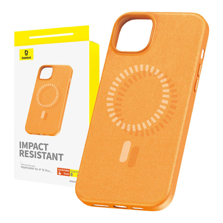 Magnētiskais tālruņa korpuss iPhone 15 Plus Baseus Fauxther Series (oranžs)