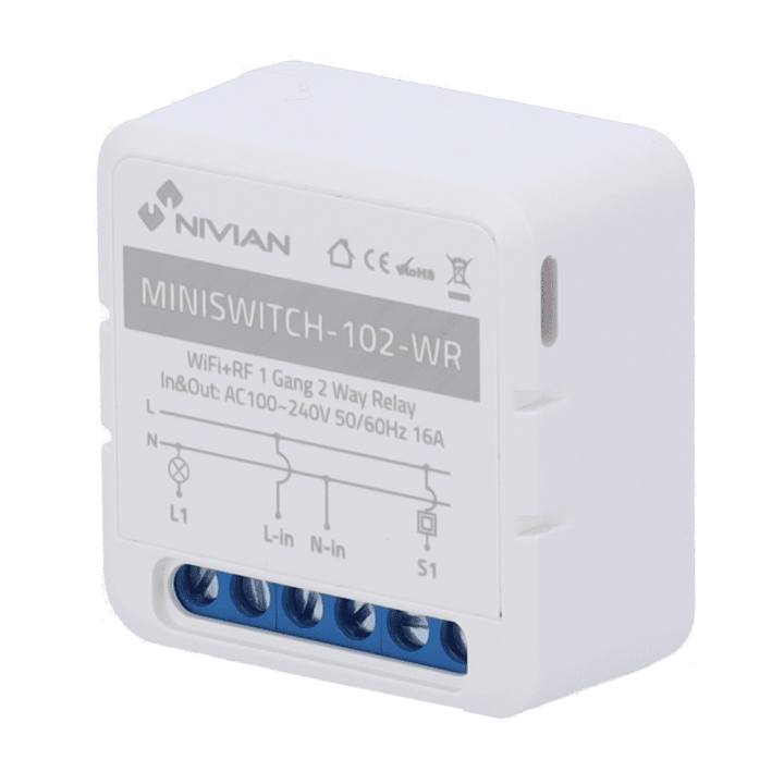 NIVIAN RETAIL NVS-MINISWITCH-102-WR Smart Wi-Fi relės modulis 1 kanalas 10A 230V baltas