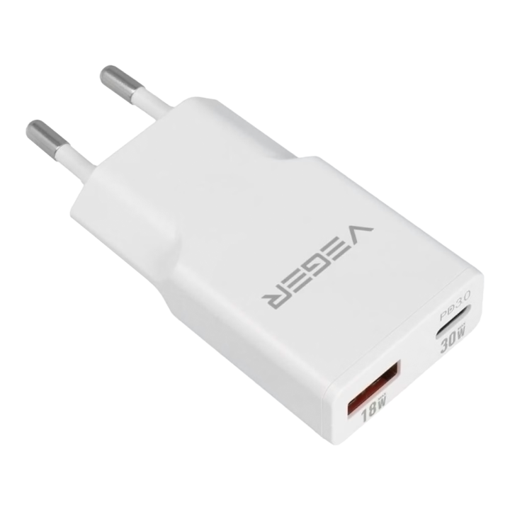VEGER VG-30W1A1C 30W USB-C sienas lādētājs ar diviem portiem un ātro uzlādi PD