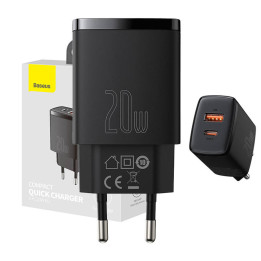 Компактное быстрое зарядное устройство Baseus, USB, USB-C, 20 Вт (черное)