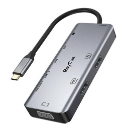 Keskitin 9in1 RayCue USB-C - 2x USB-A 3.0 5Gbps + 2x SD/TF 3.0 + 2x HDMI 4K30Hz + VGA 1080p + liitin 3.5mm + PD 3.0 100W (harmaa