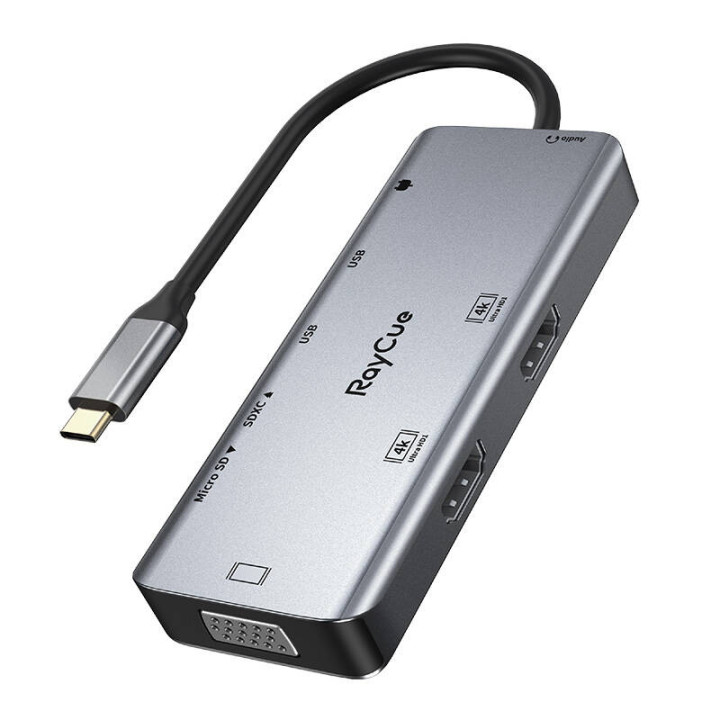 Keskitin 9in1 RayCue USB-C - 2x USB-A 3.0 5Gbps + 2x SD/TF 3.0 + 2x HDMI 4K30Hz + VGA 1080p + liitin 3.5mm + PD 3.0 100W (harmaa