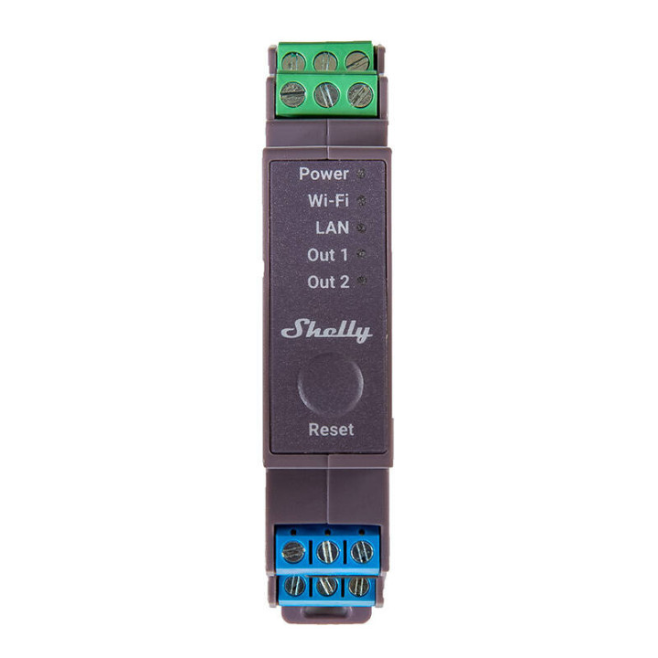 Shelly PRO 2 WiFi + Ethernet 2 grupių išmaniosios relės jungiklis su DIN bėgio palaikymu