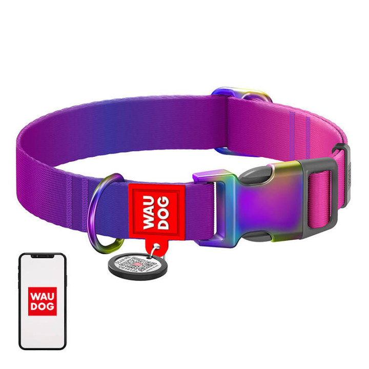 Nailoninis šuns antkaklis su QR kodu WAUDOG 15 mm pločio, 25-35 cm ilgio violetinis