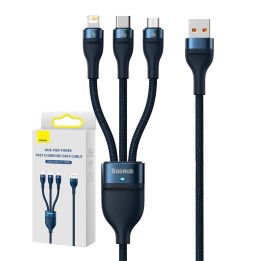 3in1 USB kabelis Baseus Flash Series, USB-C + micro USB + Lightning, 100W, 1,2m (zils)
