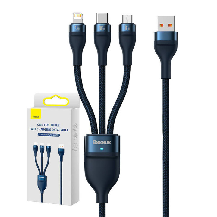 3in1 USB laidas „Baseus Flash“ serija, USB-C + mikro USB + „Lightning“, 100 W, 1,2 m (mėlyna)