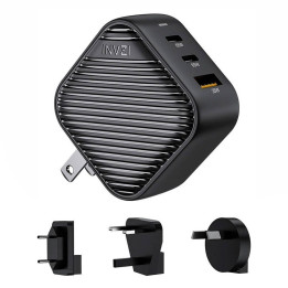 INVZI GanHub 2x USB-C + USB sieninis įkroviklis, 65 W, ES / JK / AU / JAV (juoda)