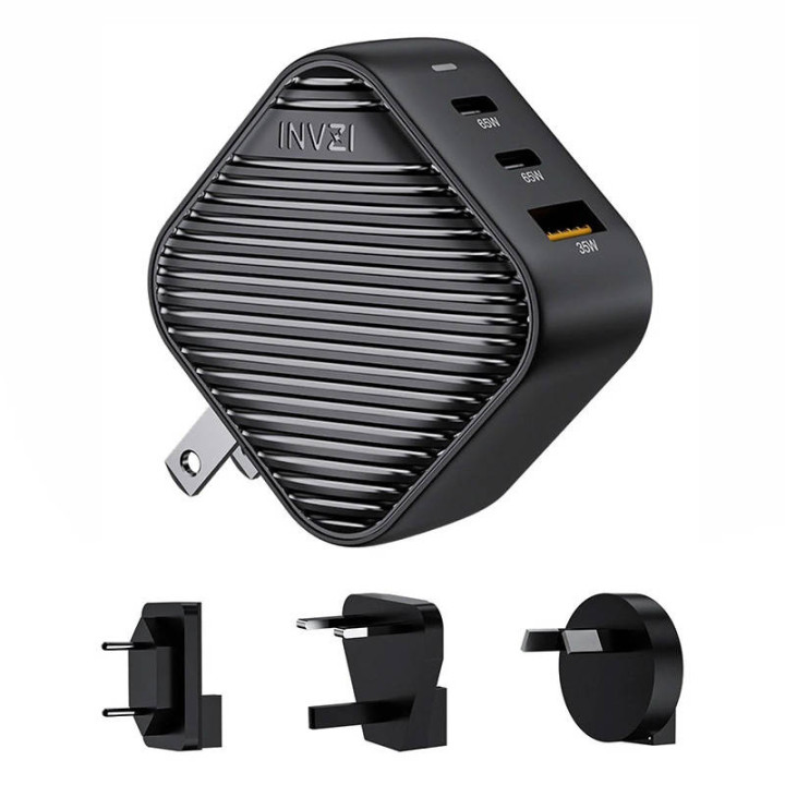 INVZI GanHub 2x USB-C + USB-seinälaturi, 65 W, EU/UK/AU/US (musta)
