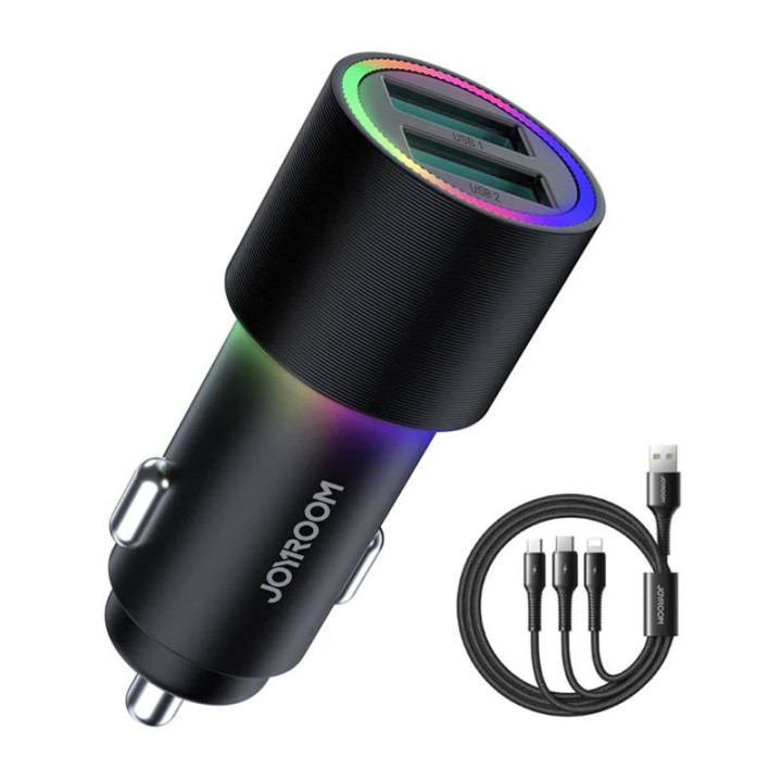 Autolaturi Joyroom JR-CL10, 2x USB, 4.8A + kaapeli 3in1 (musta)