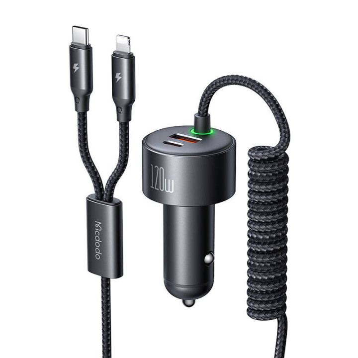 Mcdodo CC-0370 autolaturi, USB-C, Lightning, 120W, sisäänvedettävät kaapelit