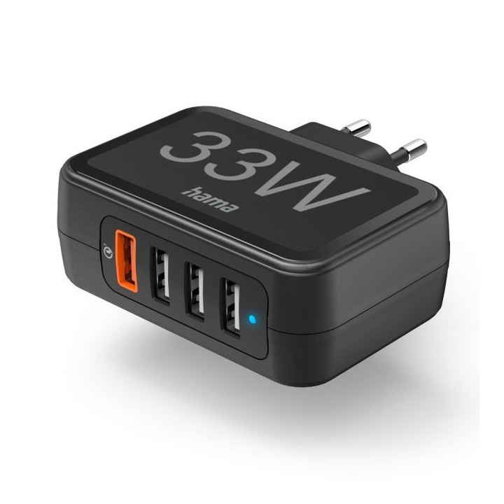 Hama sieninis įkroviklis 4 lizdų QC3.0 USB-A 33W juodas