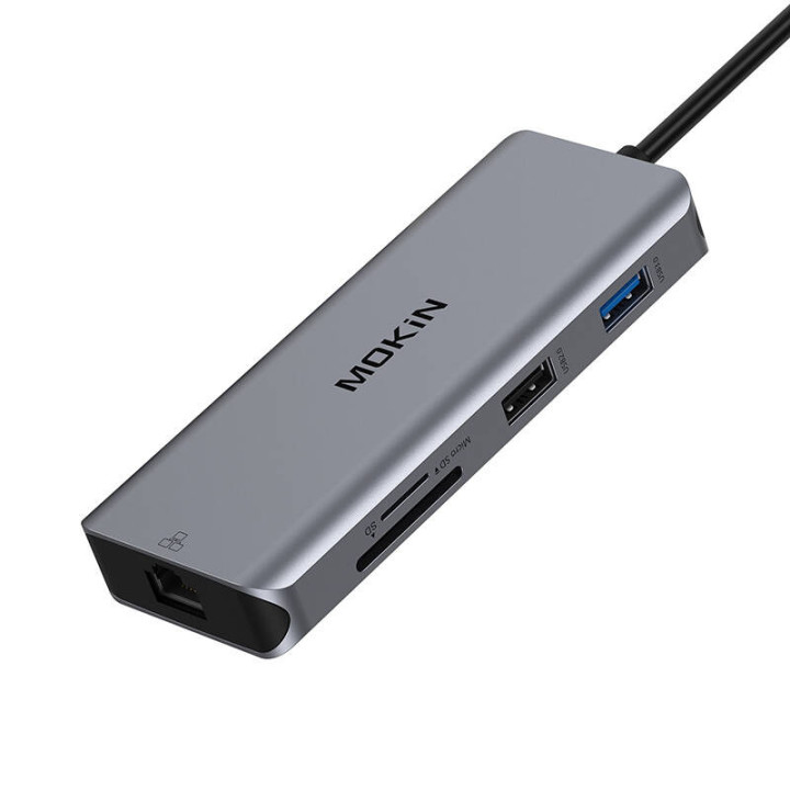 MOKiN 9in1 kannettavan tietokoneen telakointiasema USB C - 2x USB 3.0 + USB 2.0 + 2x HDMI + SD/TF + RJ45 + PD (hopea)
