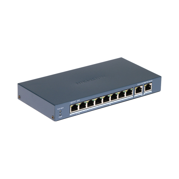 Hikvision DS-3E1310HP-EI(B) Pārvaldāms PoE slēdzis 8 porti 10/100 Mbps 2 augšupsaites