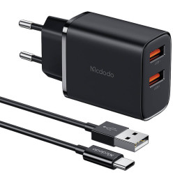 Mcdodo CH-5072 USB-A*2, 12 W virtalaturi + USB-A–USB-C-kaapeli (musta)