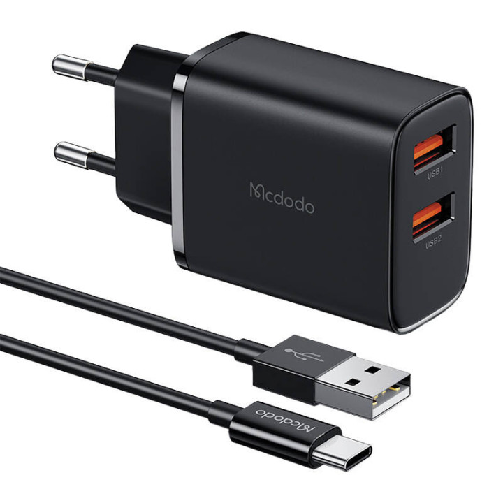 Mcdodo CH-5072 USB-A*2, 12 W virtalaturi + USB-A–USB-C-kaapeli (musta)