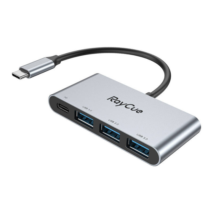 RayCue keturi viename šakotuvas USB-C iki 3x USB-A 3.0 5Gbps + PD 3.0 100W (pilka)