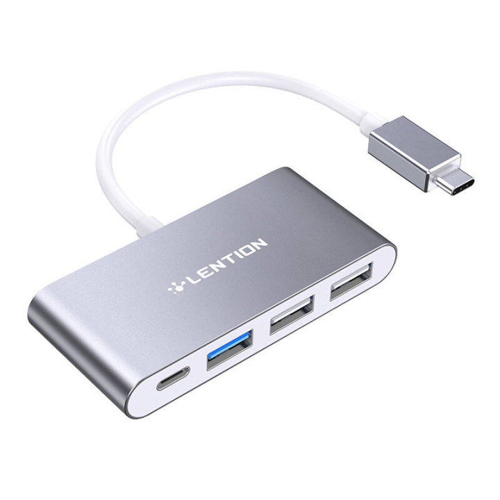 Lention 4in1 Hub USB-C - USB 3.0 + 2x USB 2.0 + USB-C (harmaa)