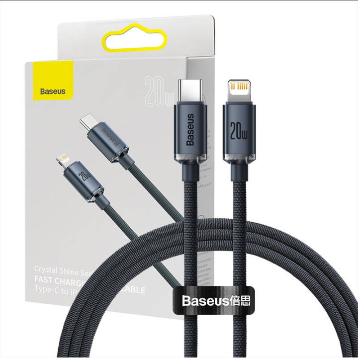 Baseus Crystal kabelis USB-C uz Lightning, 20 W, PD, 1,2 m (melns)