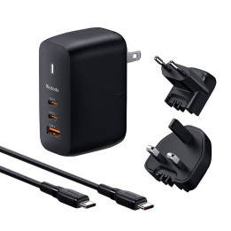 Mcdodo CH-8442 UK/US/EU verkkolaturi, 2x USB-C + USB-A, USB-C kaapeli 2m, 65W (musta)