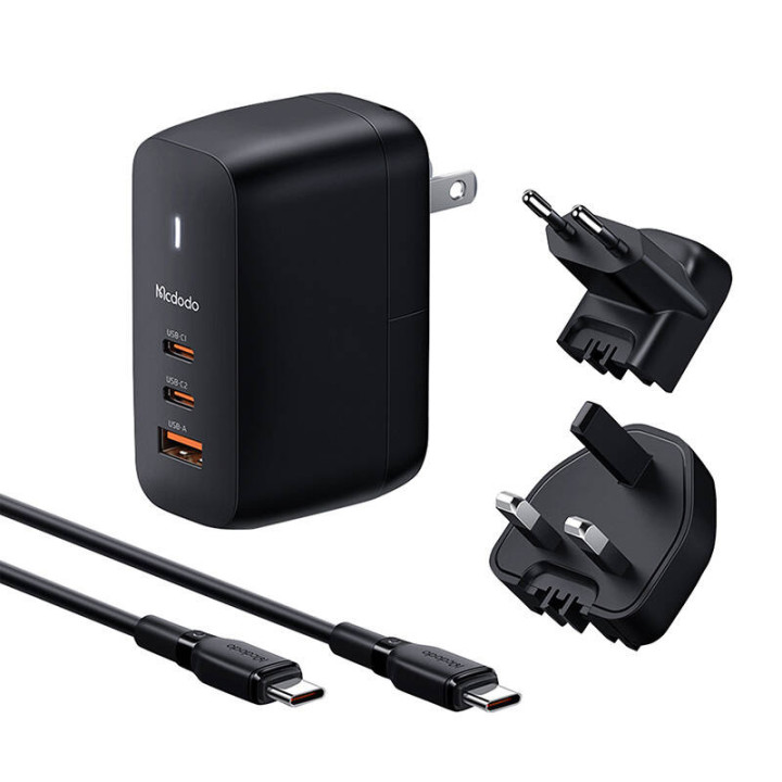 Mcdodo CH-8442 JK/US/ES tinklo įkroviklis, 2x USB-C + USB-A, USB-C laidas 2m, 65W (juodas)