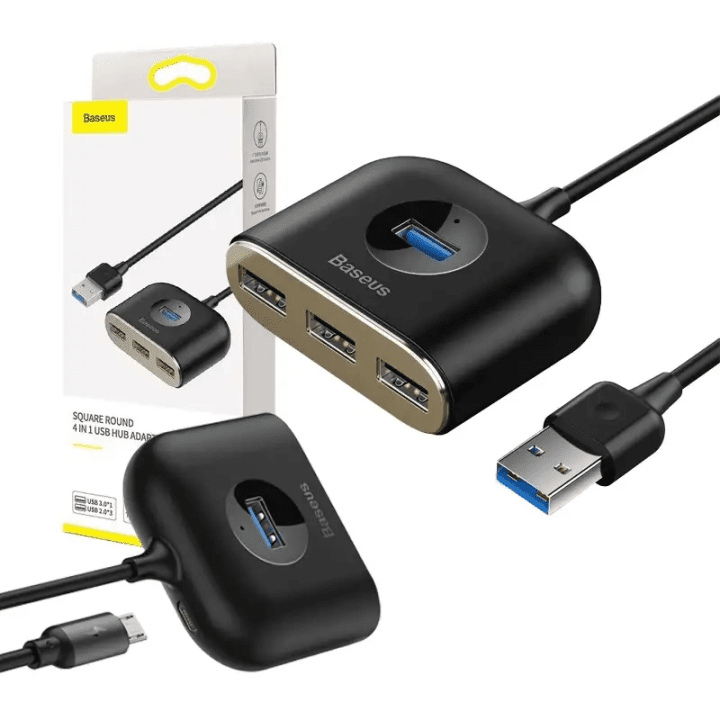 Baseus Square Round USB-sovitin, HUB USB 3.0 - 1x USB 3.0 + 3x USB 2.0.1m (musta)