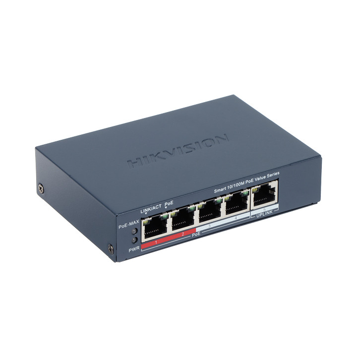 Hikvision DS-3E1105P-EI/MV2 5 portu pārvaldīts PoE slēdzis, 4 PoE porti, 54V, 10/100Mbps