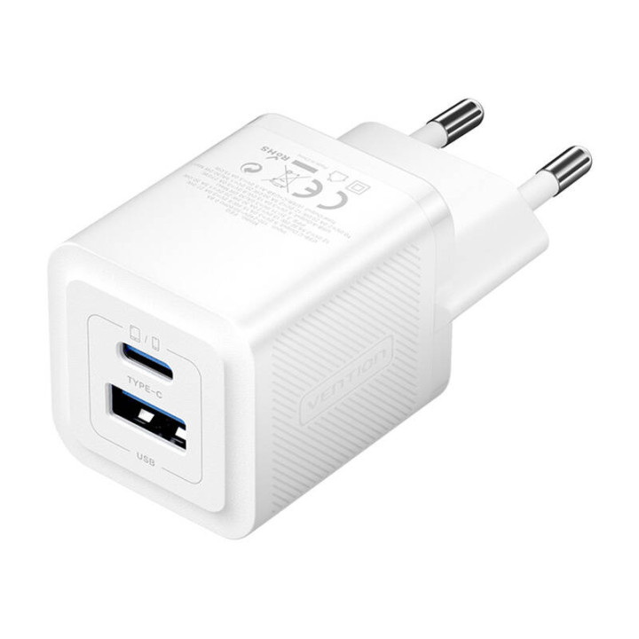 Сетевое зарядное устройство, Vention, FEQW0-EU, USB-C + USB-A, 30 Вт/30 Вт, GaN (белый)